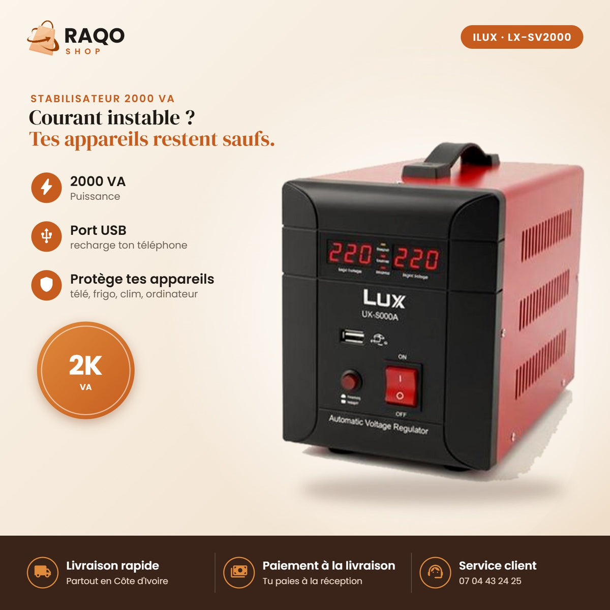 Stabilisateur de Tension iLUX – 2000 VA - RAQO