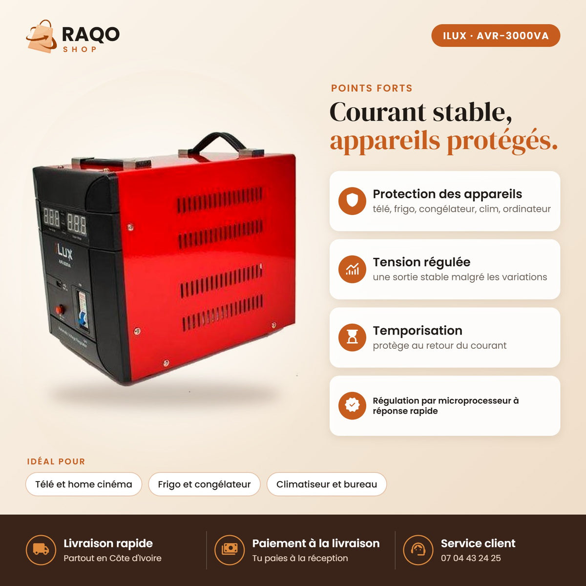 Stabilisateur de Tension iLUX – 3000 VA - RAQO (points forts)
