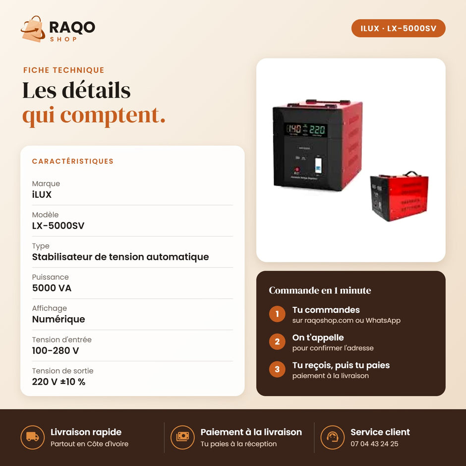 Stabilisateur de Tension iLUX – 5000 VA - RAQO (fiche technique)