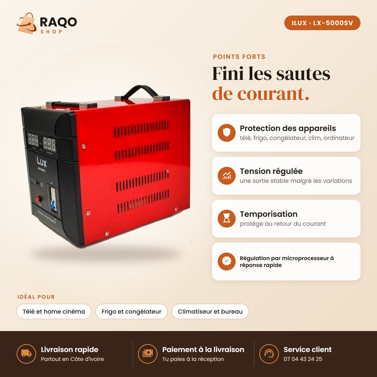 Stabilisateur de Tension iLUX – 5000 VA - RAQO (points forts)