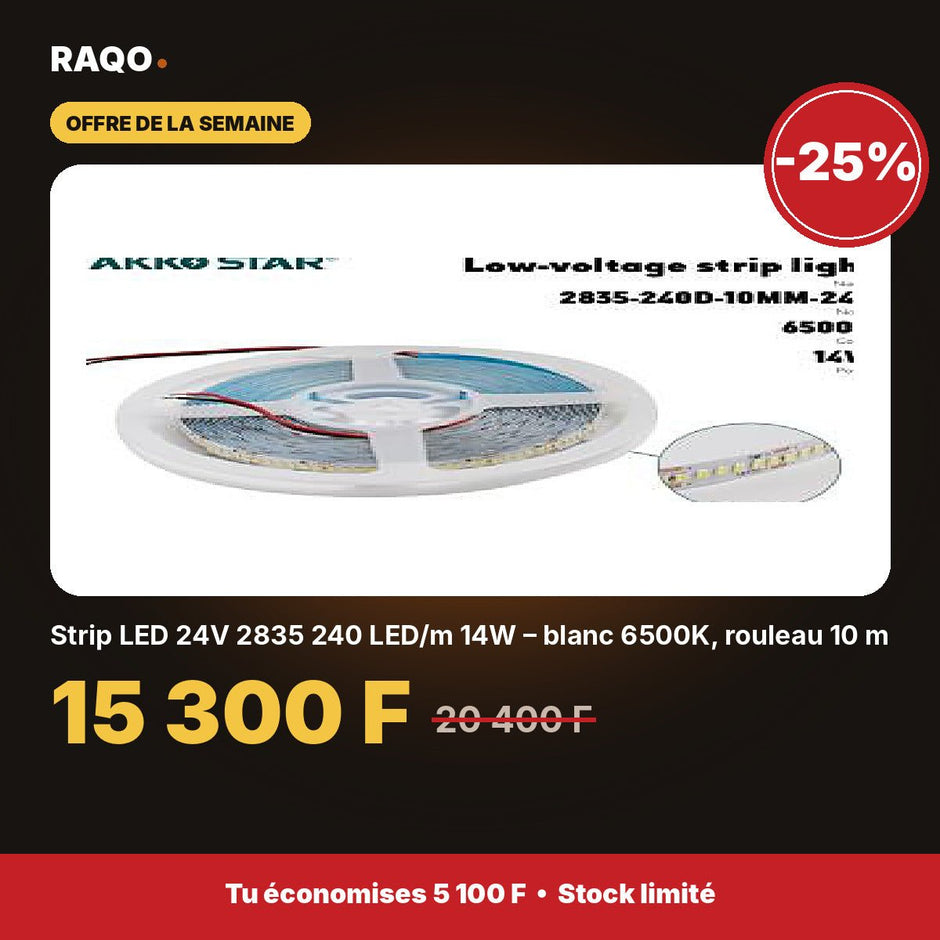 Strip LED 24V 2835 240 LED/m 14W – blanc 6500K, rouleau 10 m | Akko Star - RAQO