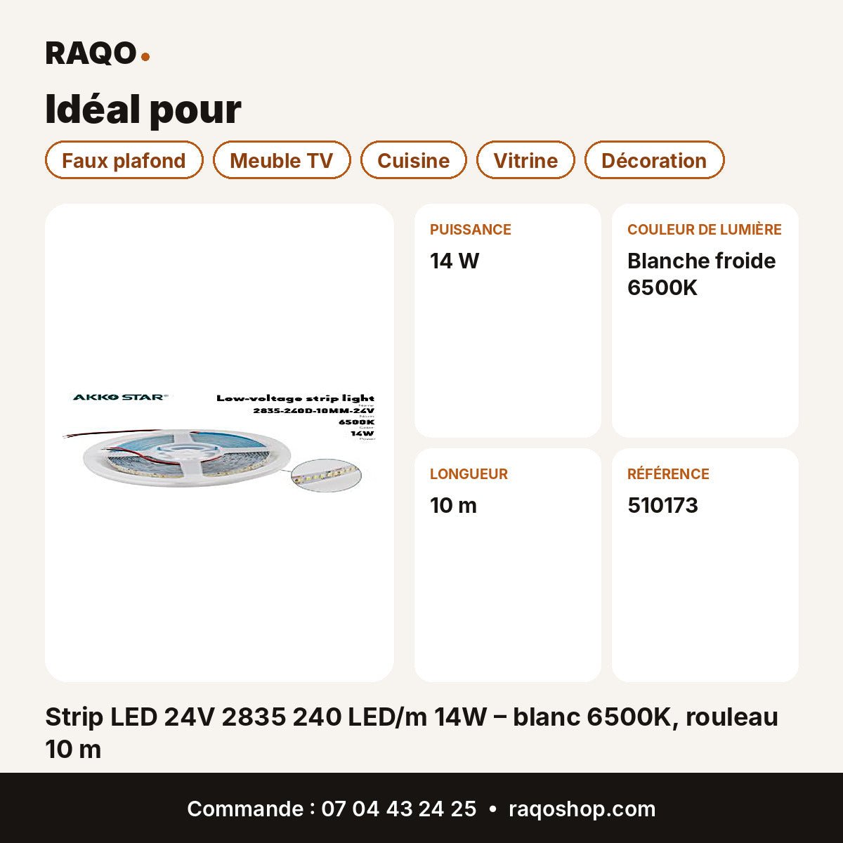 Strip LED 24V 2835 240 LED/m 14W – blanc 6500K, rouleau 10 m | Akko Star - RAQO