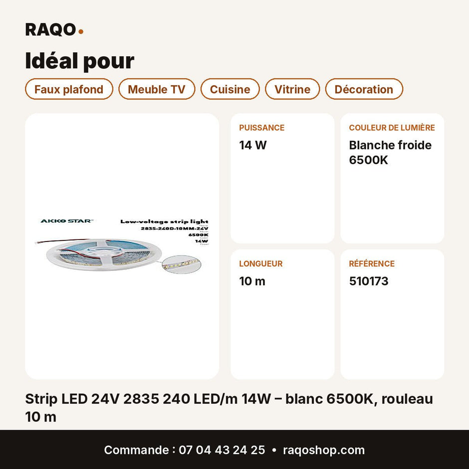 Strip LED 24V 2835 240 LED/m 14W – blanc 6500K, rouleau 10 m | Akko Star - RAQO