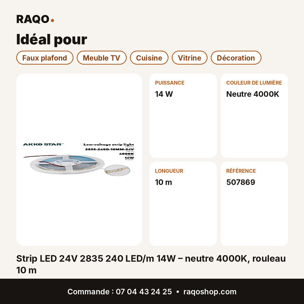 Strip LED 24V 2835 240 LED/m 14W – neutre 4000K, rouleau 10 m | Akko Star - RAQO