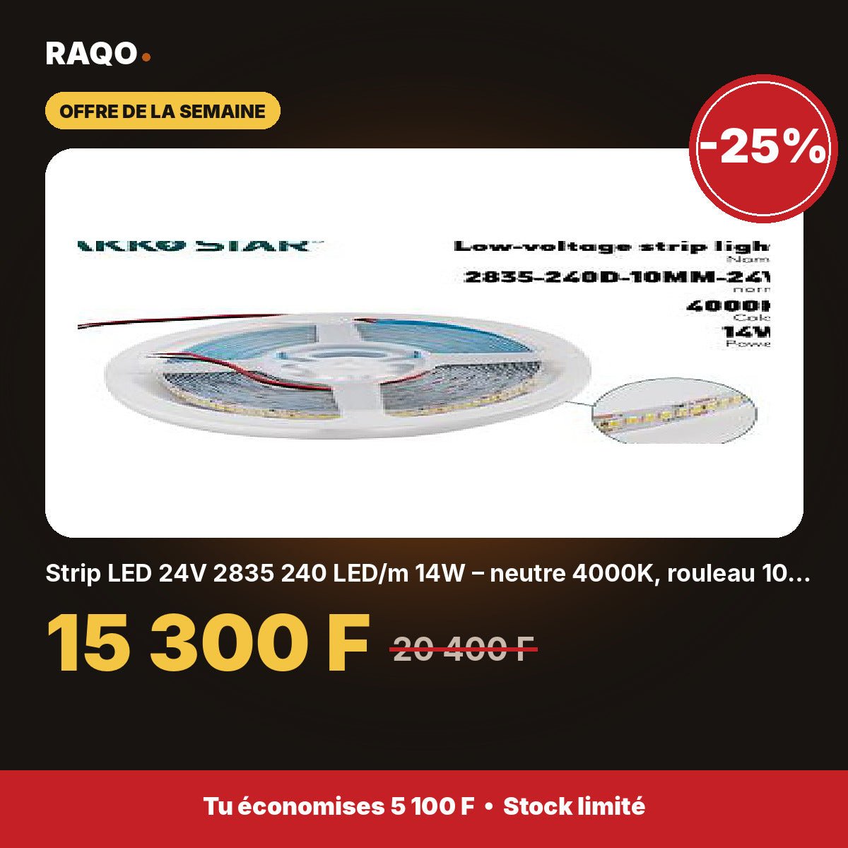 Strip LED 24V 2835 240 LED/m 14W – neutre 4000K, rouleau 10 m | Akko Star - RAQO