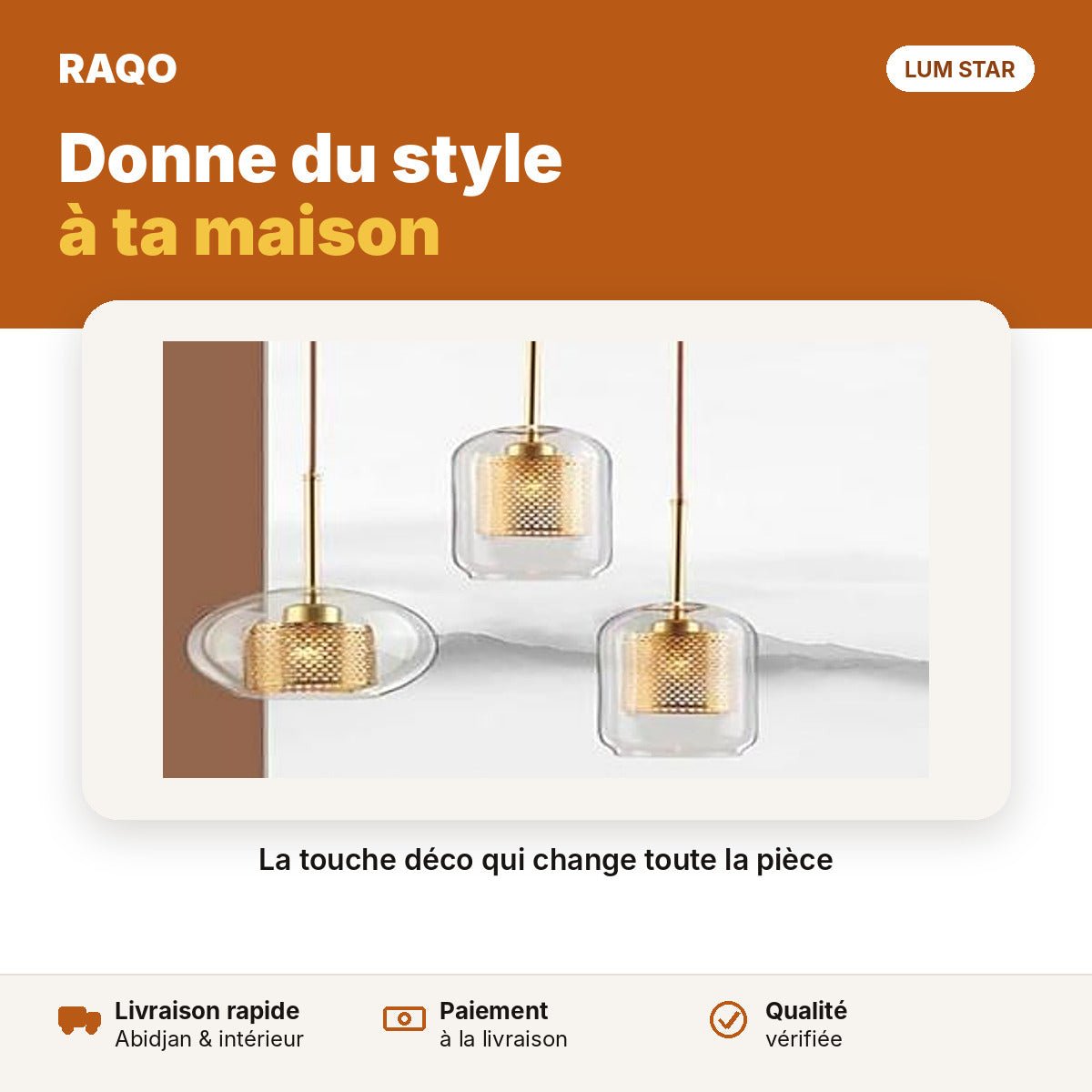 Suspension 3 têtes verre et grille dorée E27 – 250 × 230 mm - RAQO