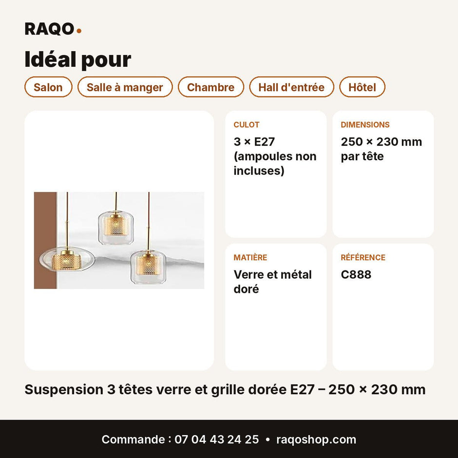 Suspension 3 têtes verre et grille dorée E27 – 250 × 230 mm - RAQO