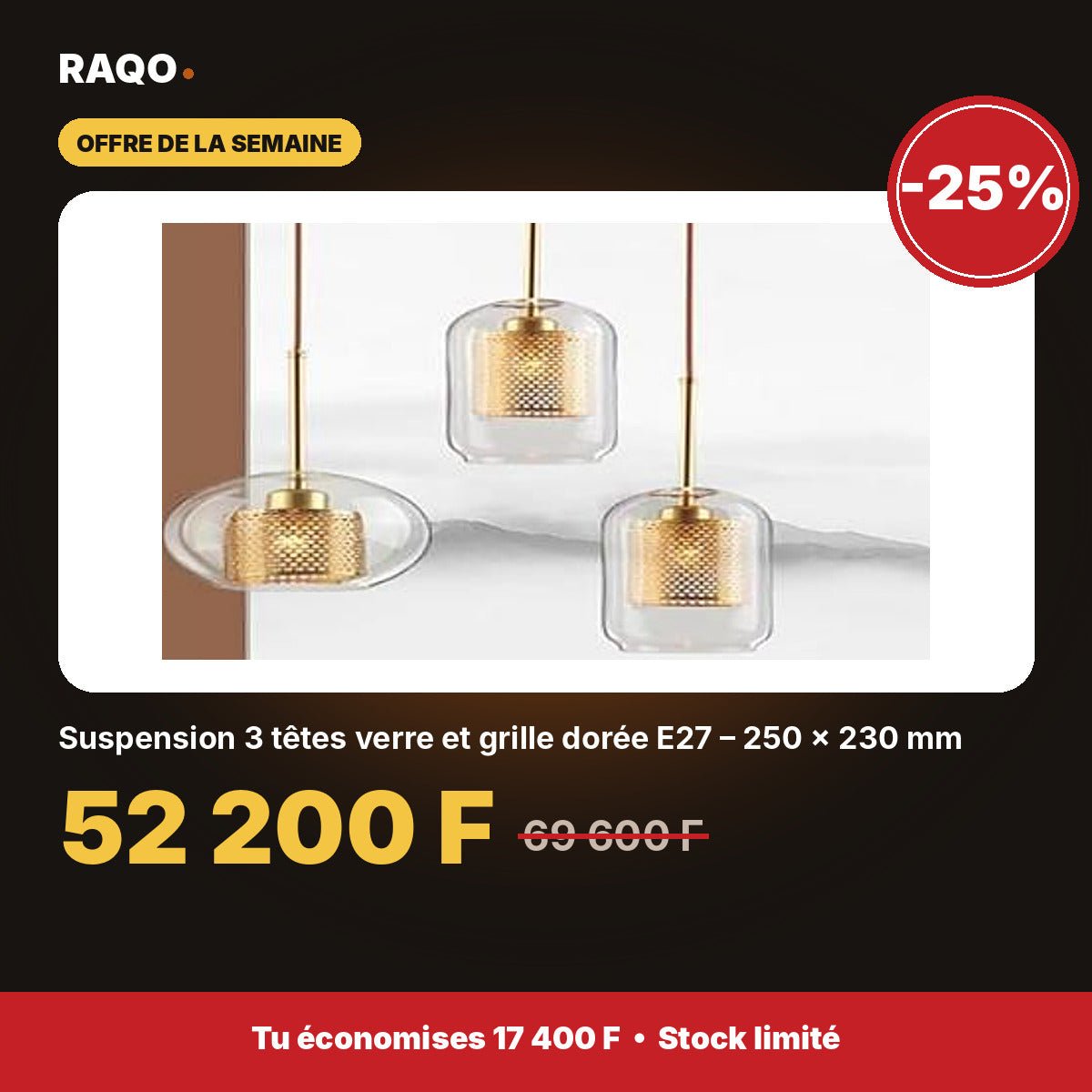 Suspension 3 têtes verre et grille dorée E27 – 250 × 230 mm - RAQO