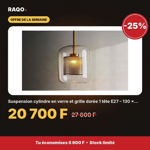 Suspension cylindre en verre et grille dorée 1 tête E27 – 130 × 300 mm - RAQO