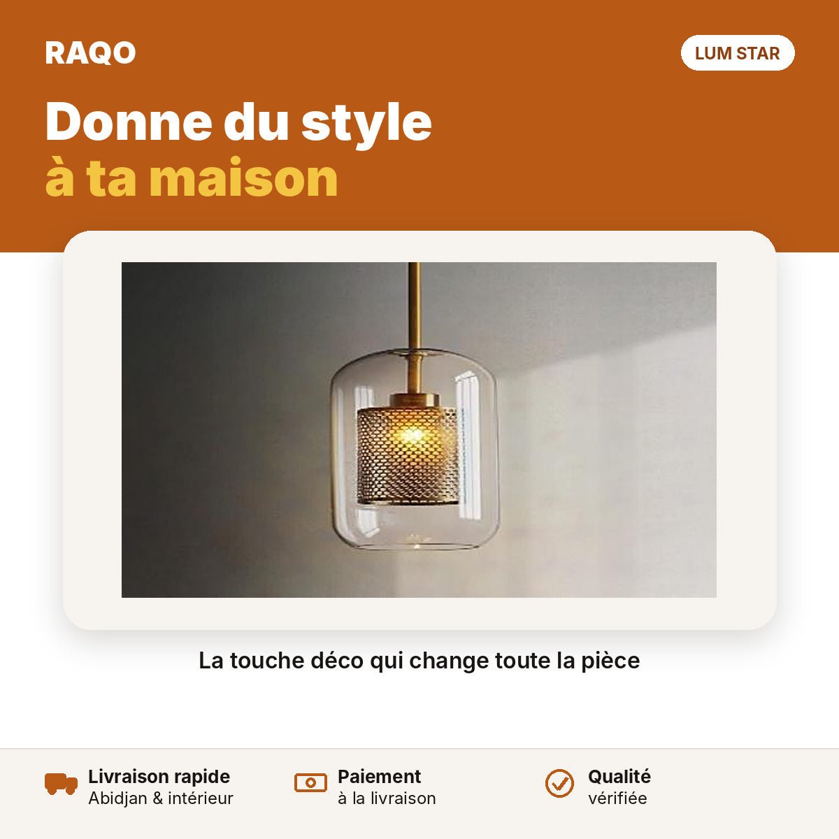 Suspension cylindre en verre et grille dorée 1 tête E27 – 130 × 300 mm - RAQO