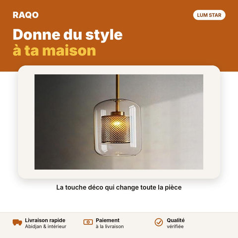 Suspension cylindre en verre et grille dorée 1 tête E27 – 130 × 300 mm - RAQO