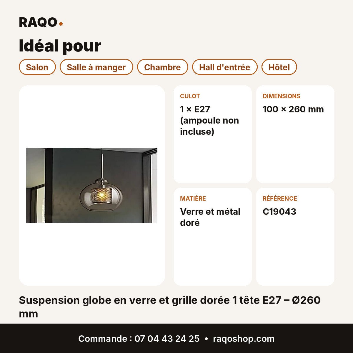 Suspension globe en verre et grille dorée 1 tête E27 – Ø260 mm - RAQO