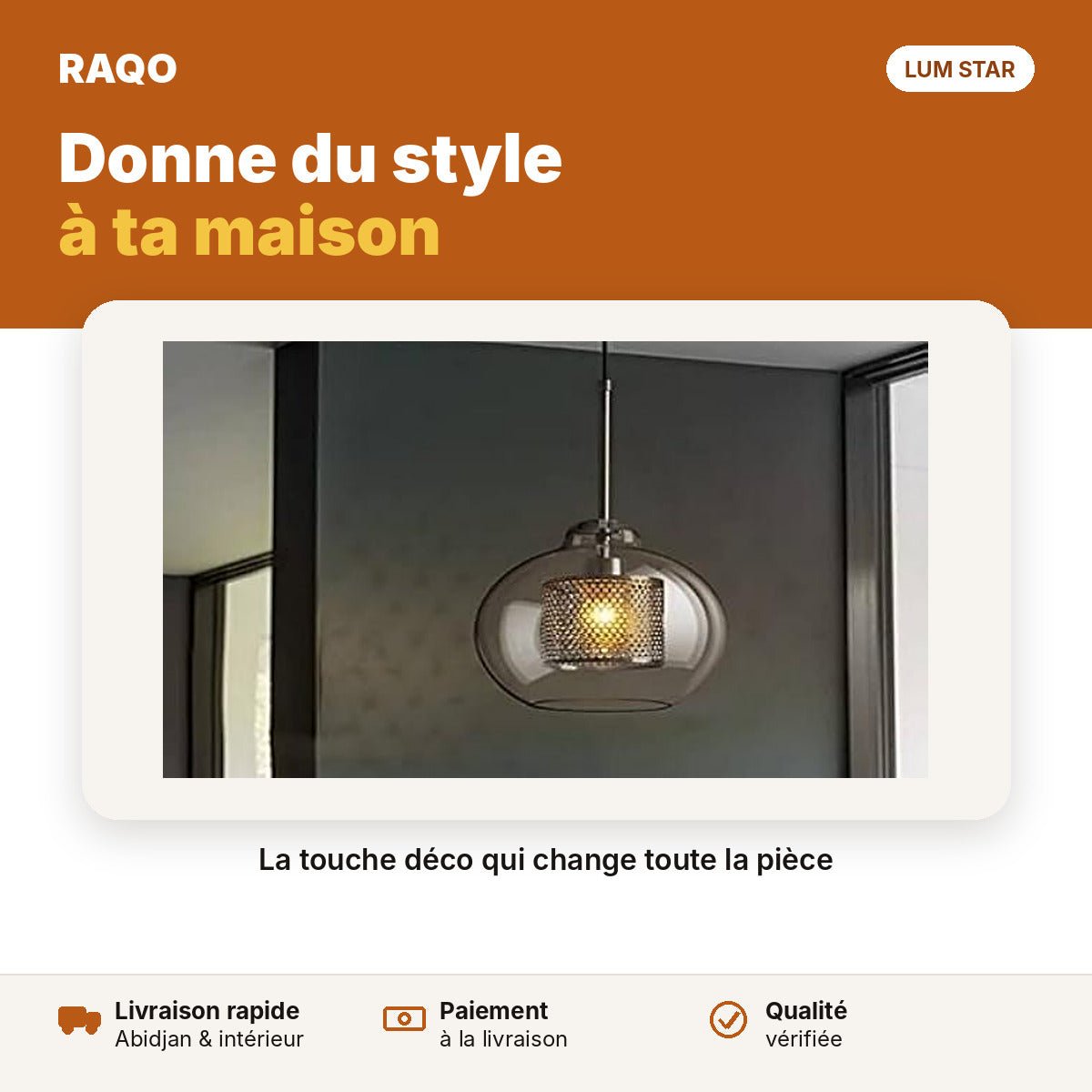 Suspension globe en verre et grille dorée 1 tête E27 – Ø260 mm - RAQO