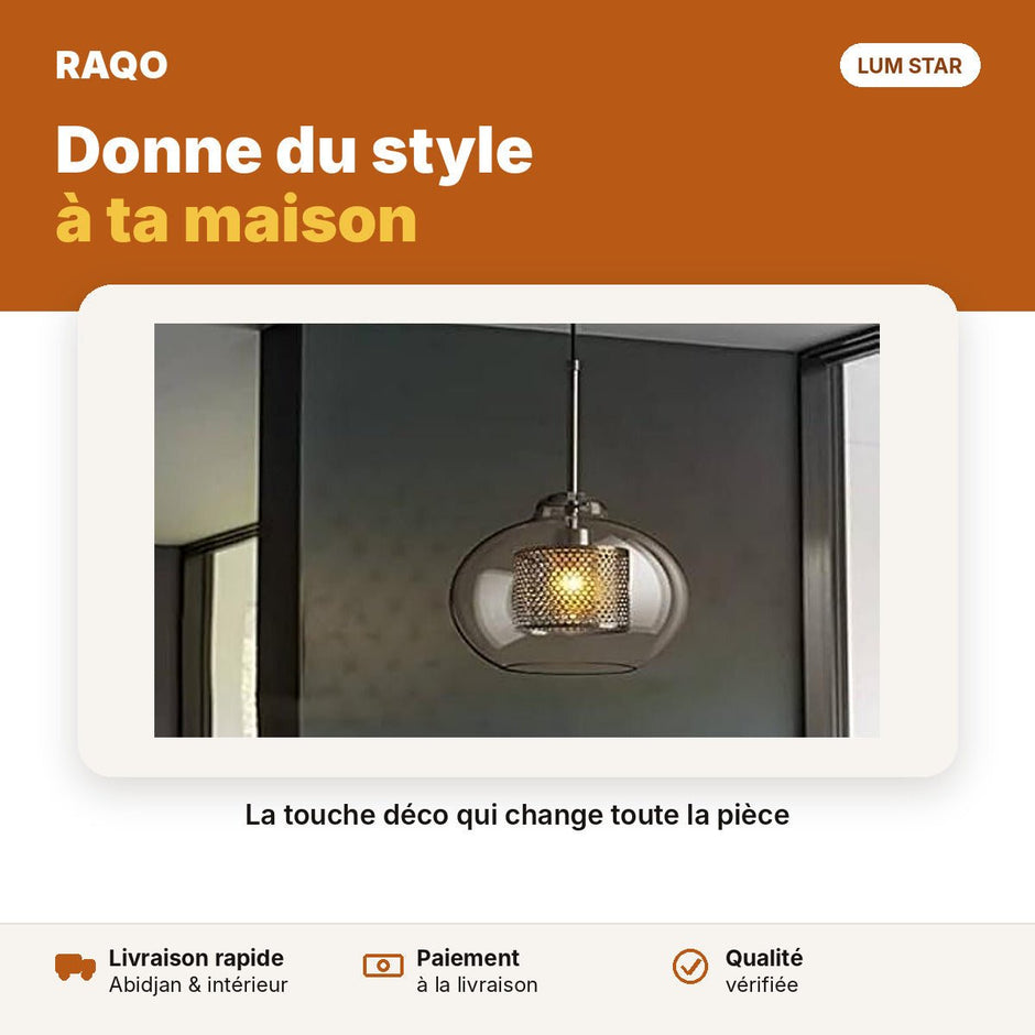 Suspension globe en verre et grille dorée 1 tête E27 – Ø260 mm - RAQO