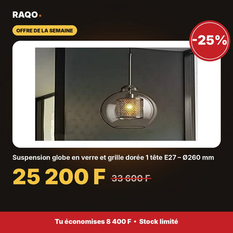 Suspension globe en verre et grille dorée 1 tête E27 – Ø260 mm - RAQO
