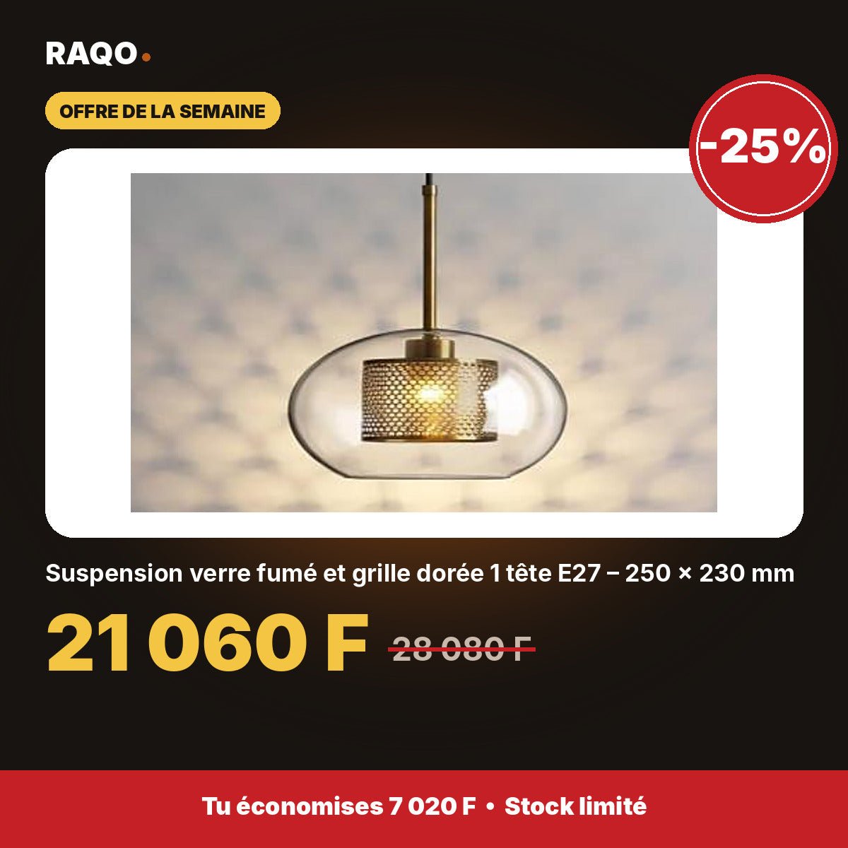 Suspension verre fumé et grille dorée 1 tête E27 – 250 × 230 mm - RAQO
