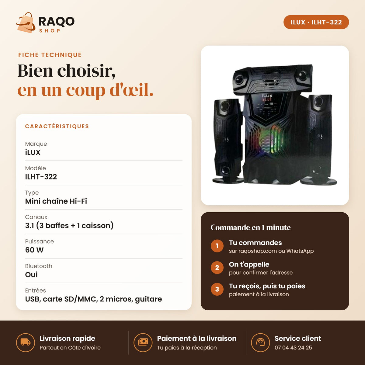 Système Audio 3.1 iLUX – Bluetooth - RAQO (fiche technique)