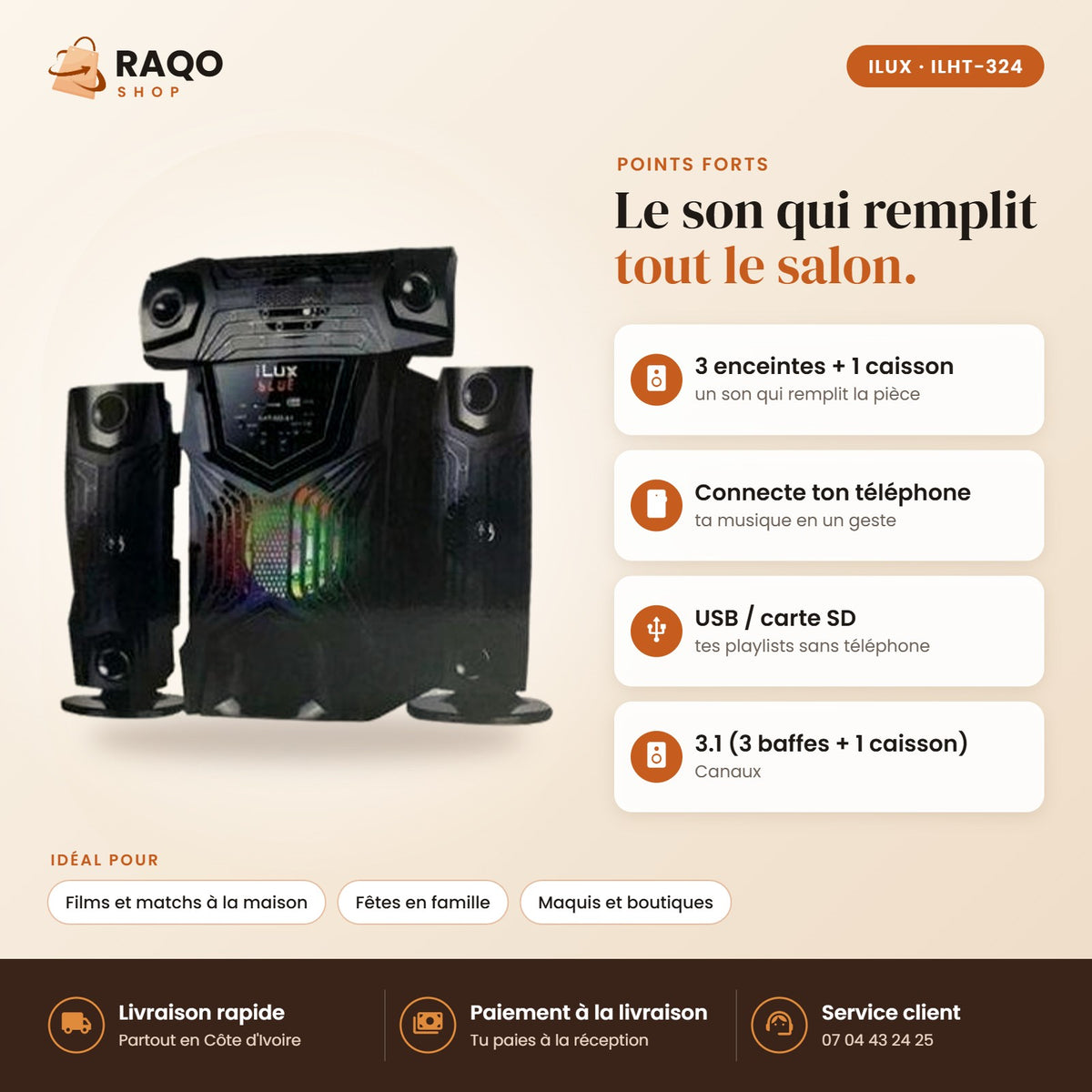 Système Audio 3.1 iLUX – Bluetooth - RAQO (points forts)