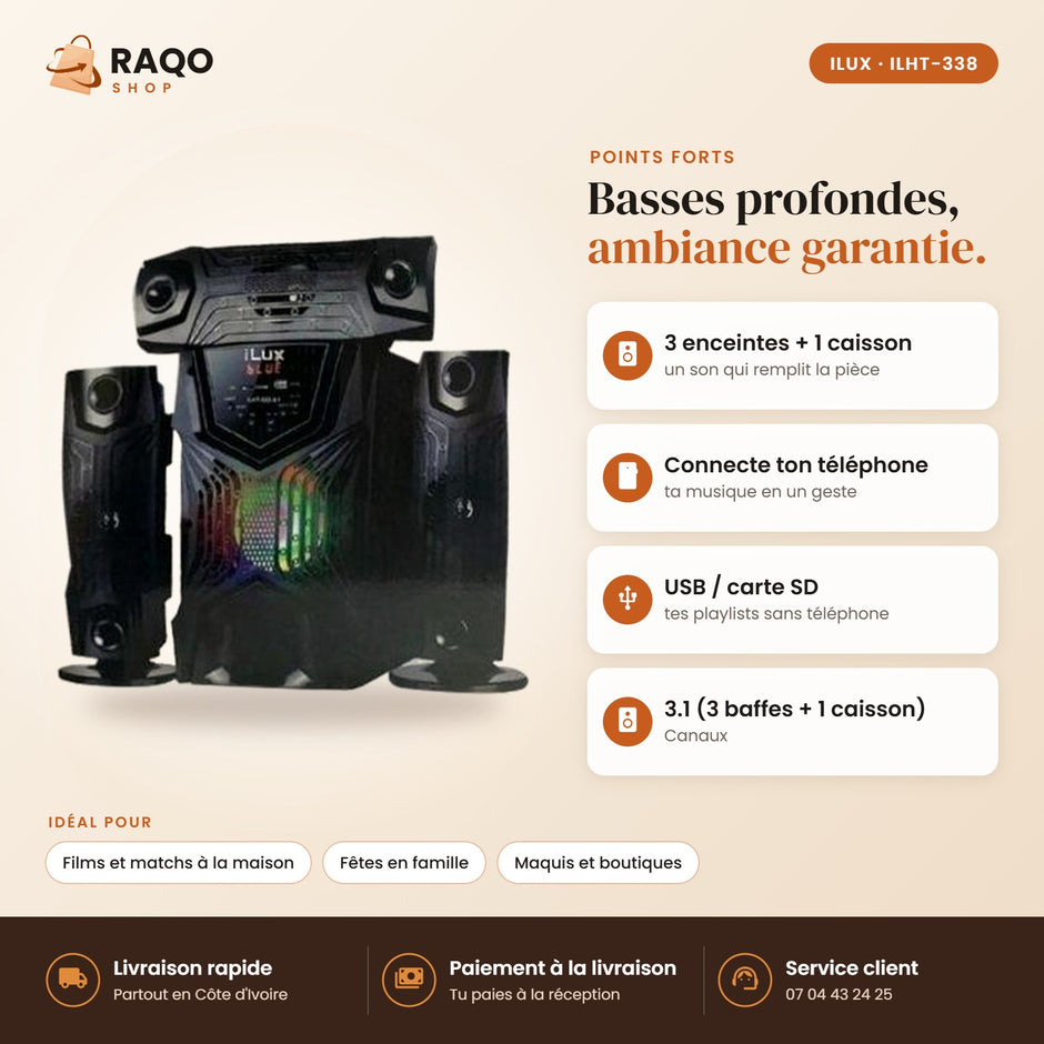 Système Audio 3.1 iLUX – Bluetooth - RAQO (points forts)