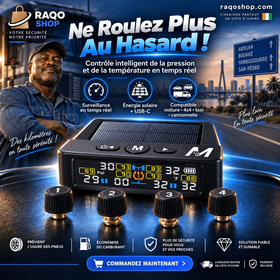 Système TPMS Solaire 4 Pneus – Surveillance Pression & Température en Temps Réel + 4 Capteurs Sans Fil - RAQO