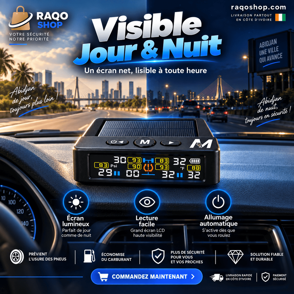 Système TPMS Solaire 4 Pneus – Surveillance Pression & Température en Temps Réel + 4 Capteurs Sans Fil - RAQO