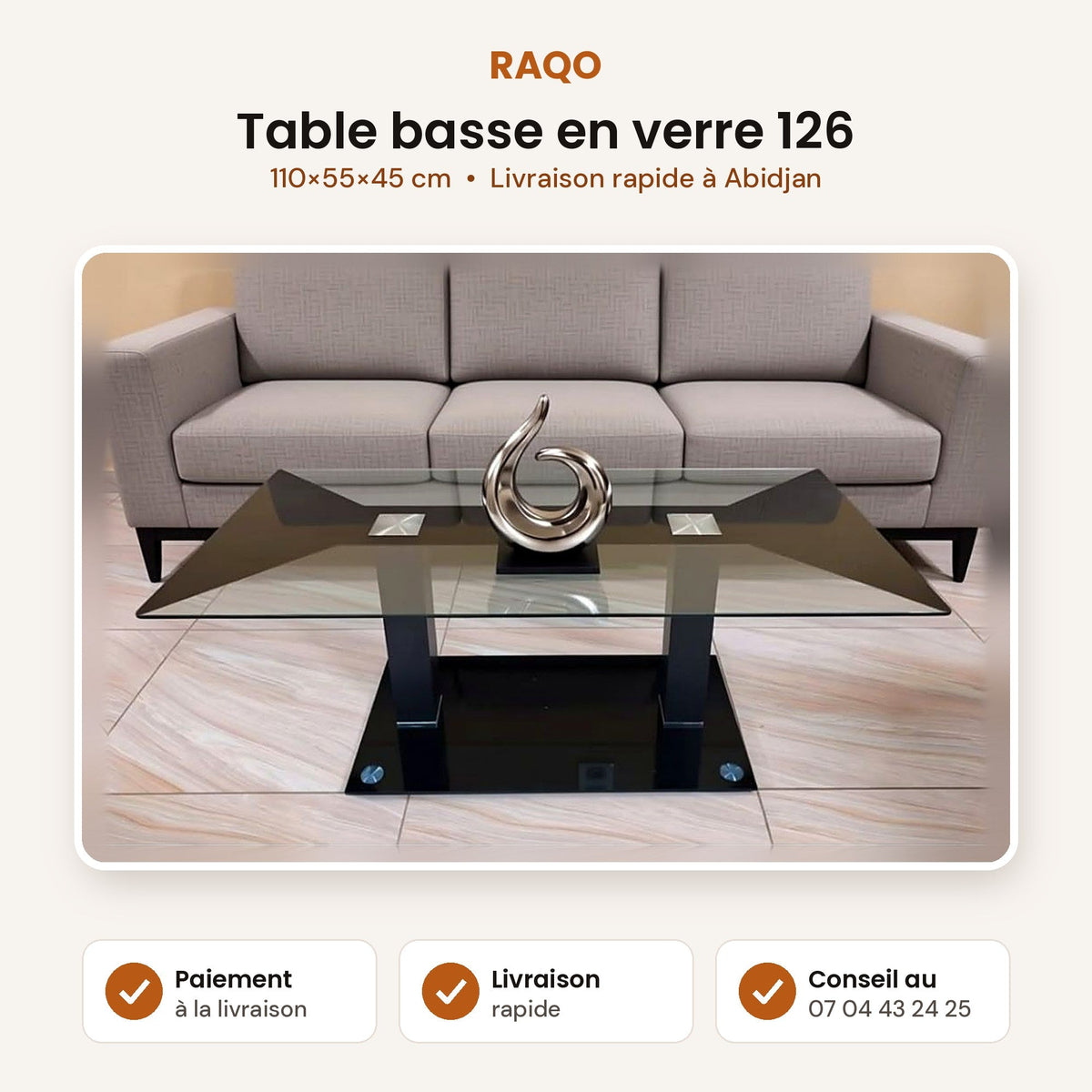 Table basse en verre 126 – 110×55×45 cm - RAQO