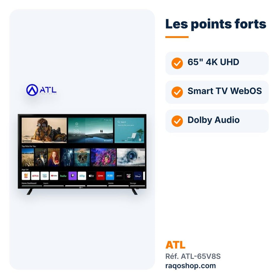 Téléviseur ATL 65" Smart TV WebOS 4K UHD – ATL-65V8S - RAQO