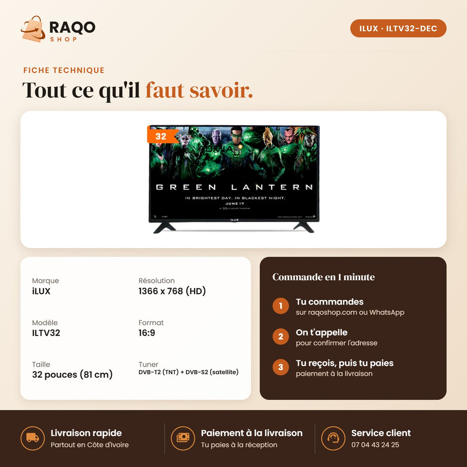 Téléviseur LED iLUX – 32" – Décodeur Intégré - RAQO (fiche technique)