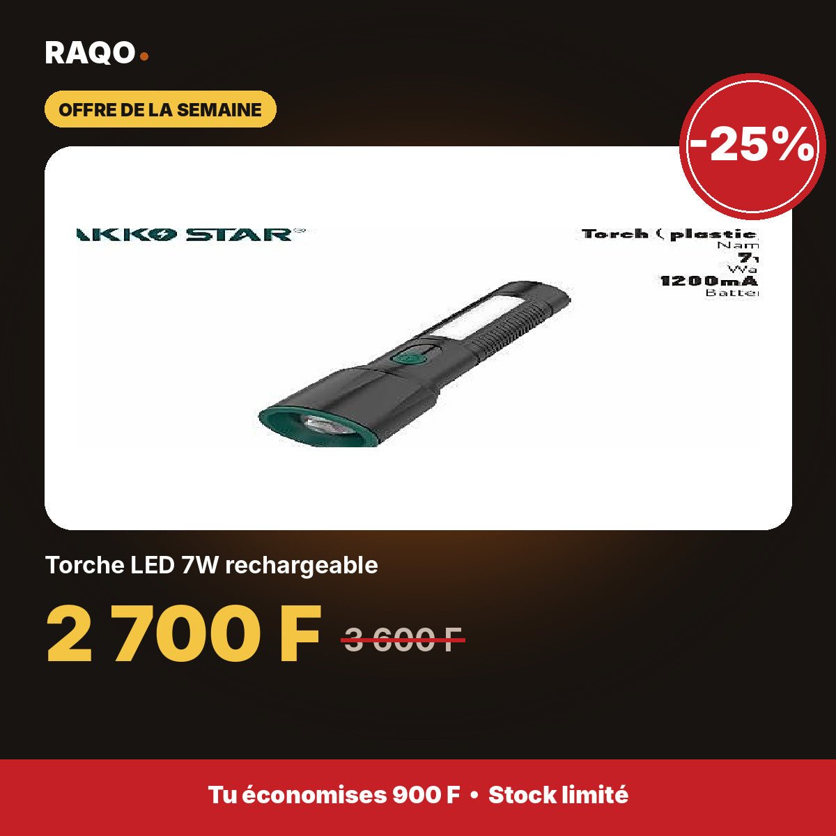 Torche LED 7W rechargeable | Akko Star - RAQO