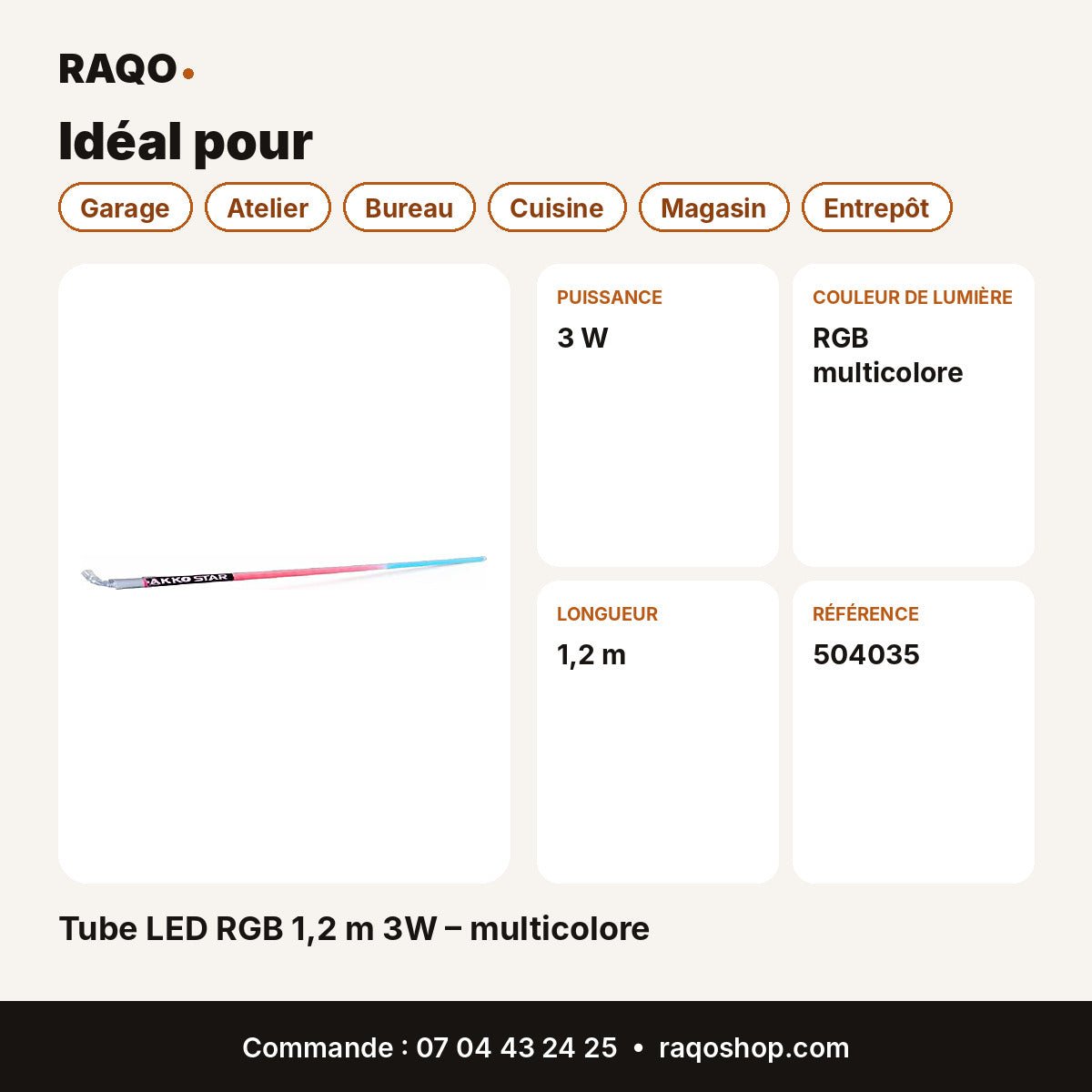 Tube LED RGB 1,2 m 3W – multicolore | Akko Star - RAQO
