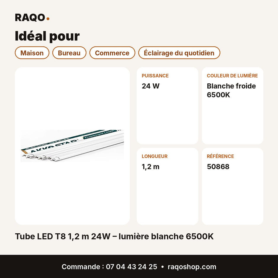 Tube LED T8 1,2 m 24W – lumière blanche 6500K | Akko Star - RAQO