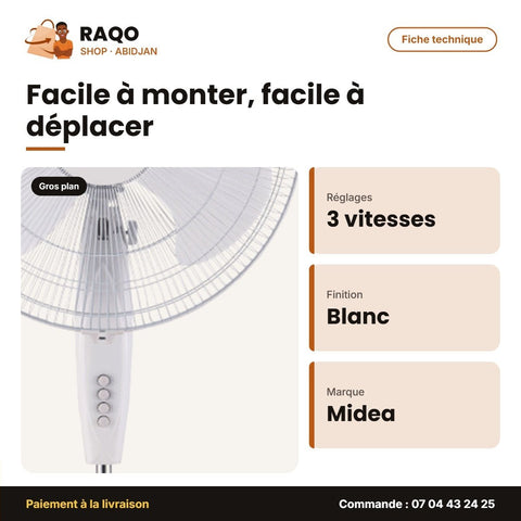 Ventilateur à Pied Midea – 3 Hélices – Couleur Blanc – 3 Vitesses | VENT_FS45-3D - RAQO