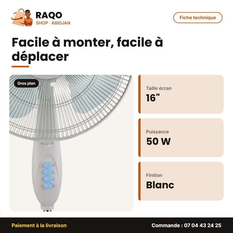 Ventilateur à Pied Midea Blanc 16'' – 3HELICES Bleu – 50W | VENT_FS40-12P - RAQO