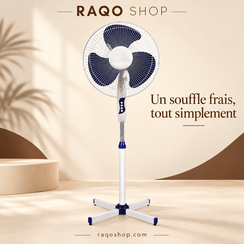 Ventilateur à Pied Nasco 16'' – 40W – 3 Vitesses – Blanc - 5 Hélices Bleu | FS40-24 (1PC/CTN) - RAQO