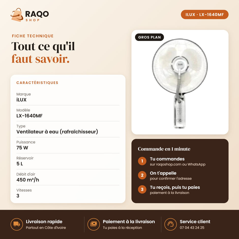 Ventilateur Brumisateur à Eau iLUX – Télécommande - RAQO (fiche technique)
