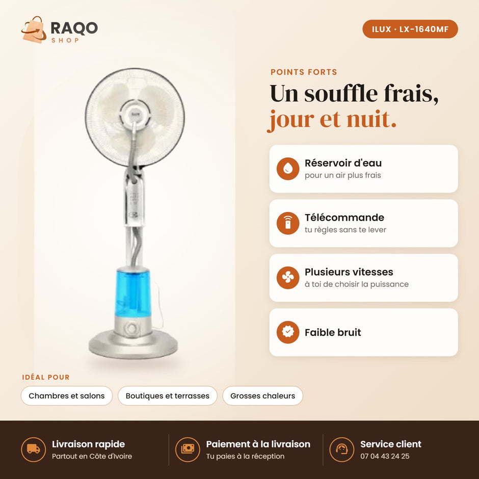 Ventilateur Brumisateur à Eau iLUX – Télécommande - RAQO (points forts)