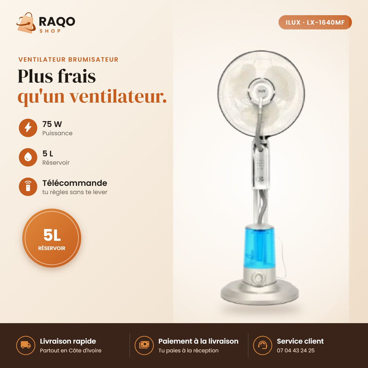 Ventilateur Brumisateur à Eau iLUX – Télécommande - RAQO