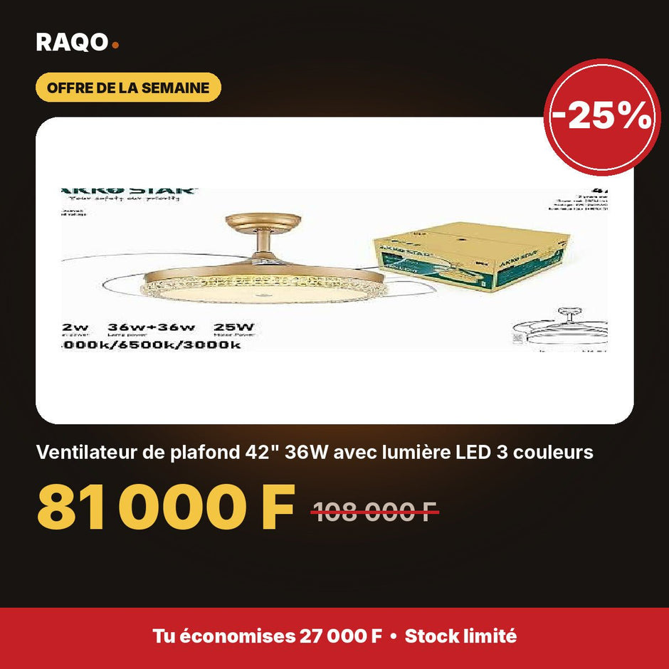Ventilateur de plafond 42" 36W avec lumière LED 3 couleurs | Akko Star - RAQO