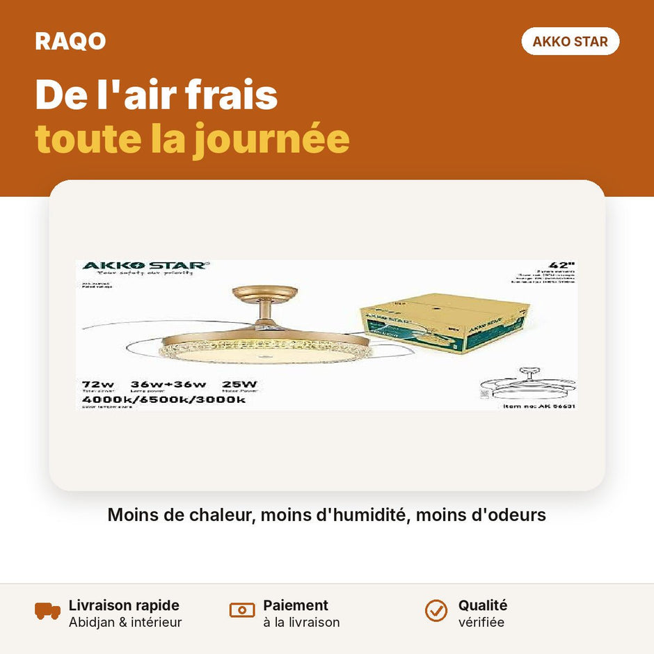 Ventilateur de plafond 42" 36W avec lumière LED 3 couleurs | Akko Star - RAQO