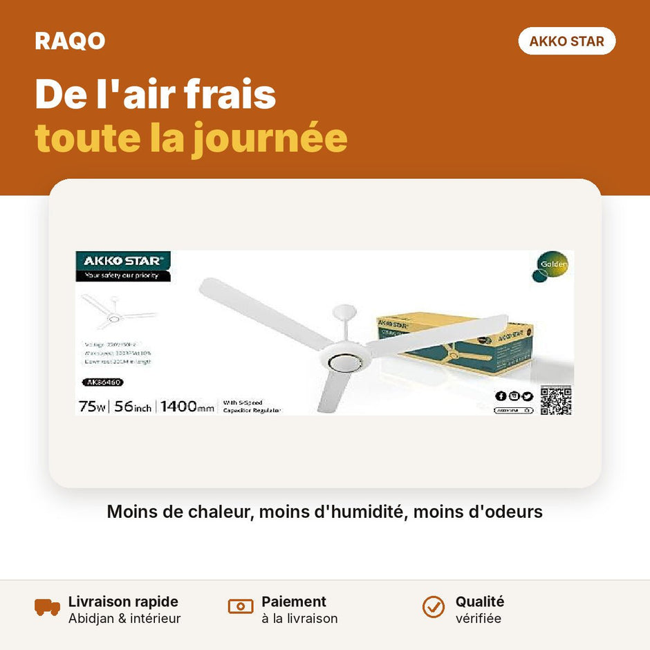 Ventilateur de plafond 56" 75W – blanc et doré | Akko Star - RAQO