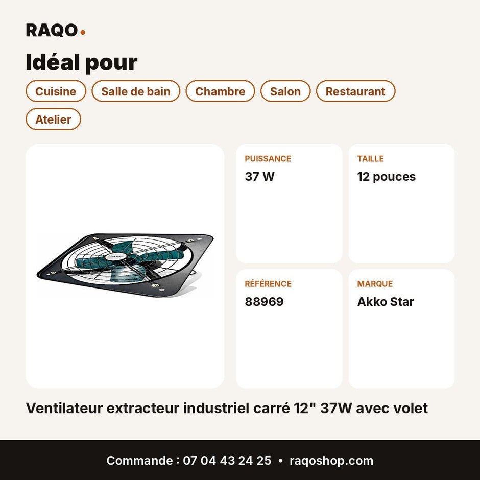 Ventilateur extracteur industriel carré 12" 37W avec volet | Akko Star - RAQO