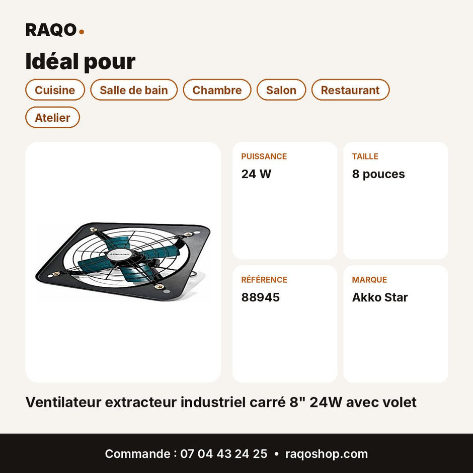 Ventilateur extracteur industriel carré 8" 24W avec volet | Akko Star - RAQO