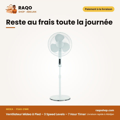 Ventilateur Midea à Pied – 3 Speed Levels – 7 Hour Timer – 40W | FS40-21MR - RAQO