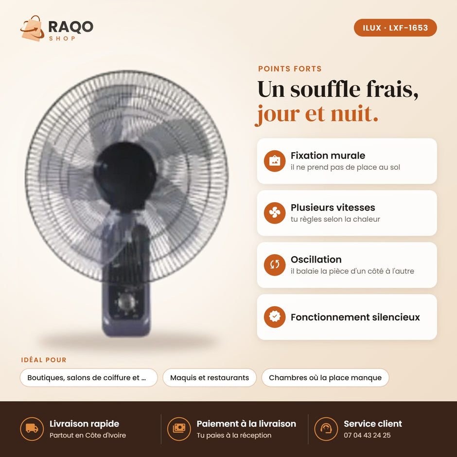 Ventilateur Mural iLUX – 16" - RAQO (points forts)