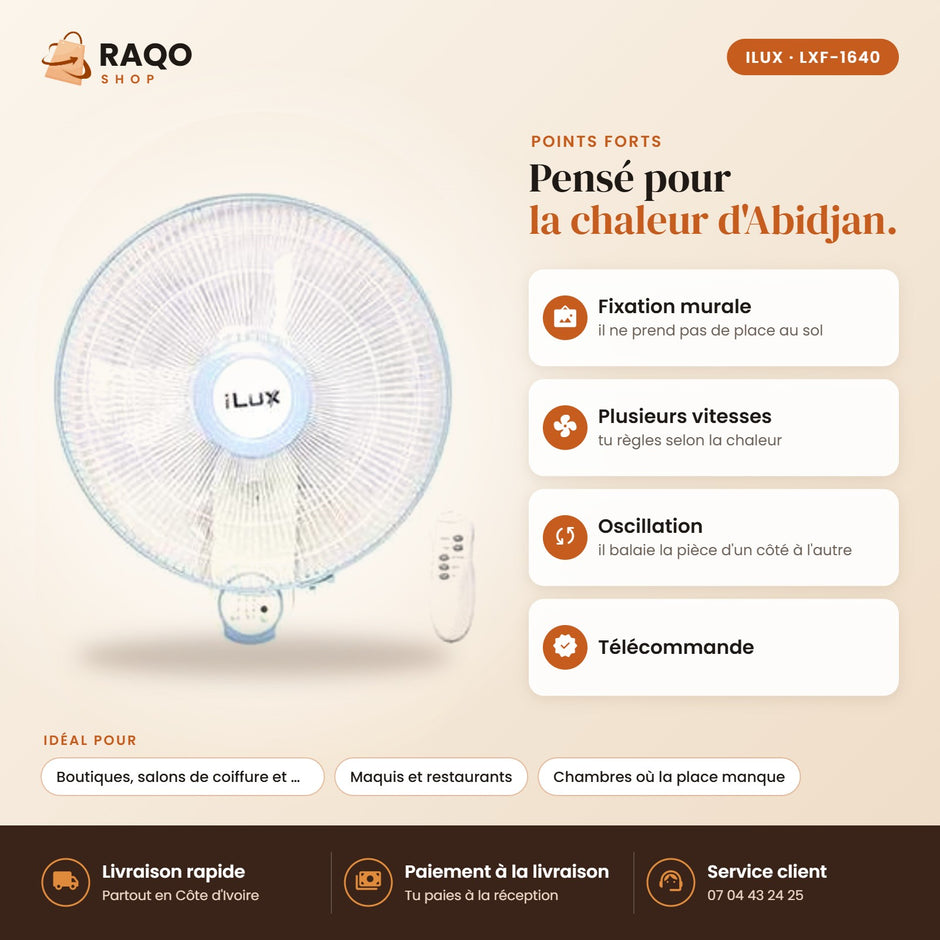 Ventilateur Mural iLUX – 16" – Télécommande - RAQO (points forts)