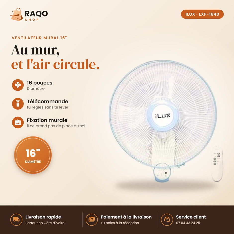 Ventilateur Mural iLUX – 16" – Télécommande - RAQO