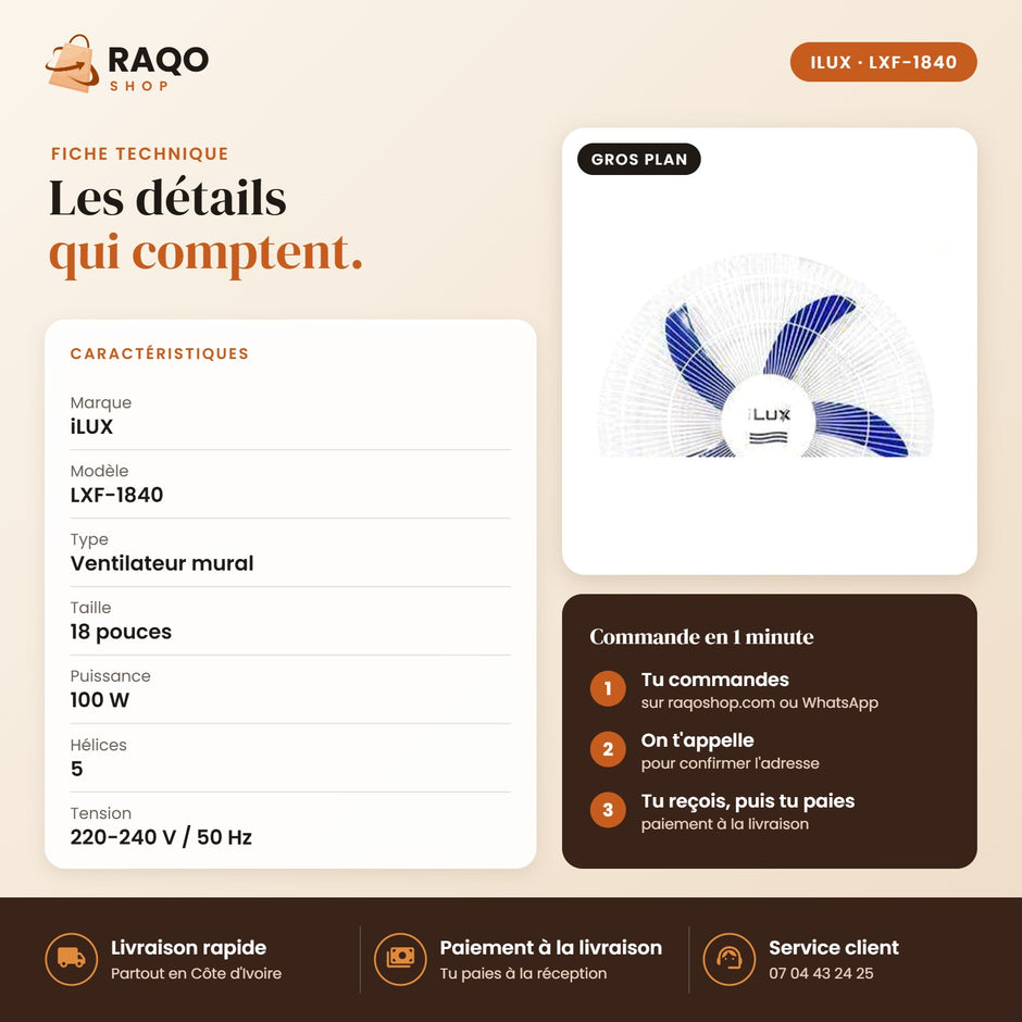 Ventilateur Mural iLUX – 18" – Télécommande - RAQO (fiche technique)