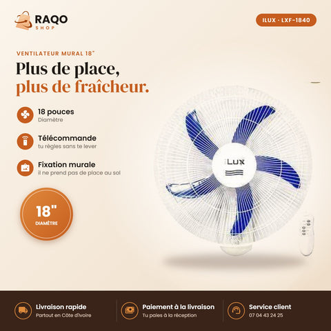 Ventilateur Mural iLUX – 18" – Télécommande - RAQO