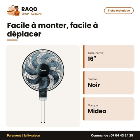 Ventilateur Mural Midea – 16'' – Forme en Pétales de 7 Hélices – Couleur Noir | FW40-23M - RAQO