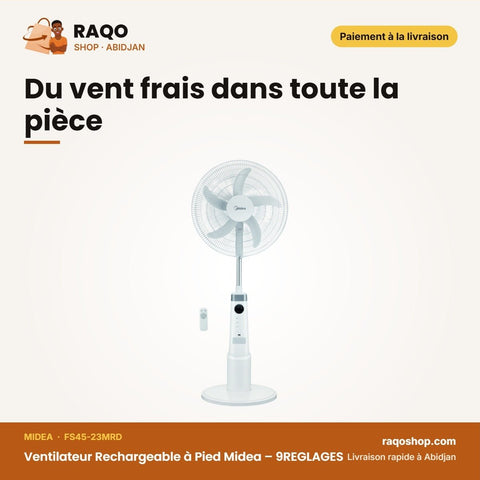 Ventilateur Rechargeable à Pied Midea – 9REGLAGES – Affichage DEL – Silencieux | FS45-23MRD - RAQO